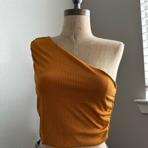 One-Shoulder Ribbed Tank Top in Mustard